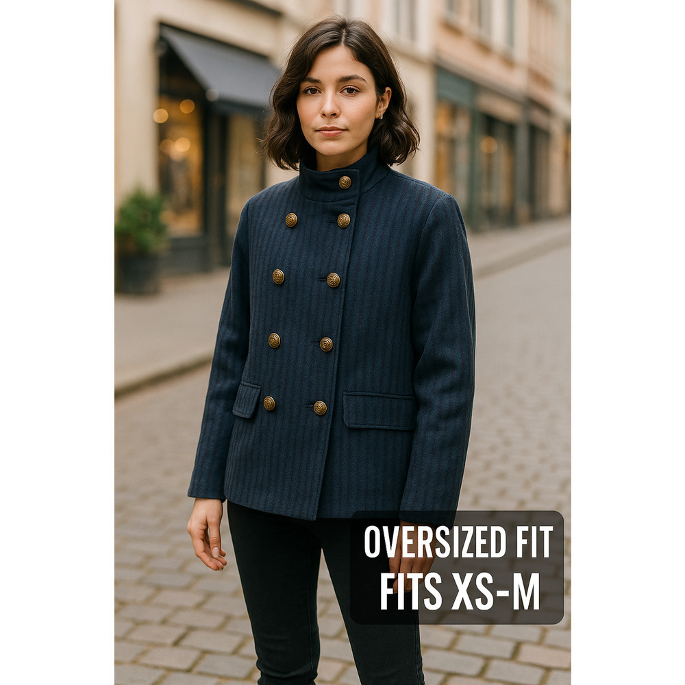 Free People Oversized XS Navy Striped Military Style Double Breasted Jacket